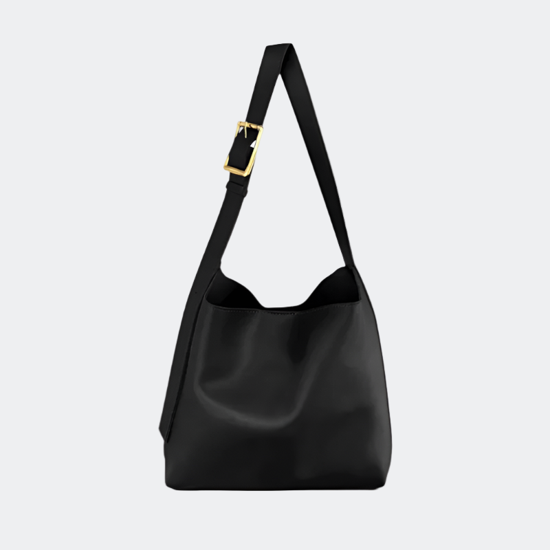 Black shoulder bag with a gold buckle on a white background