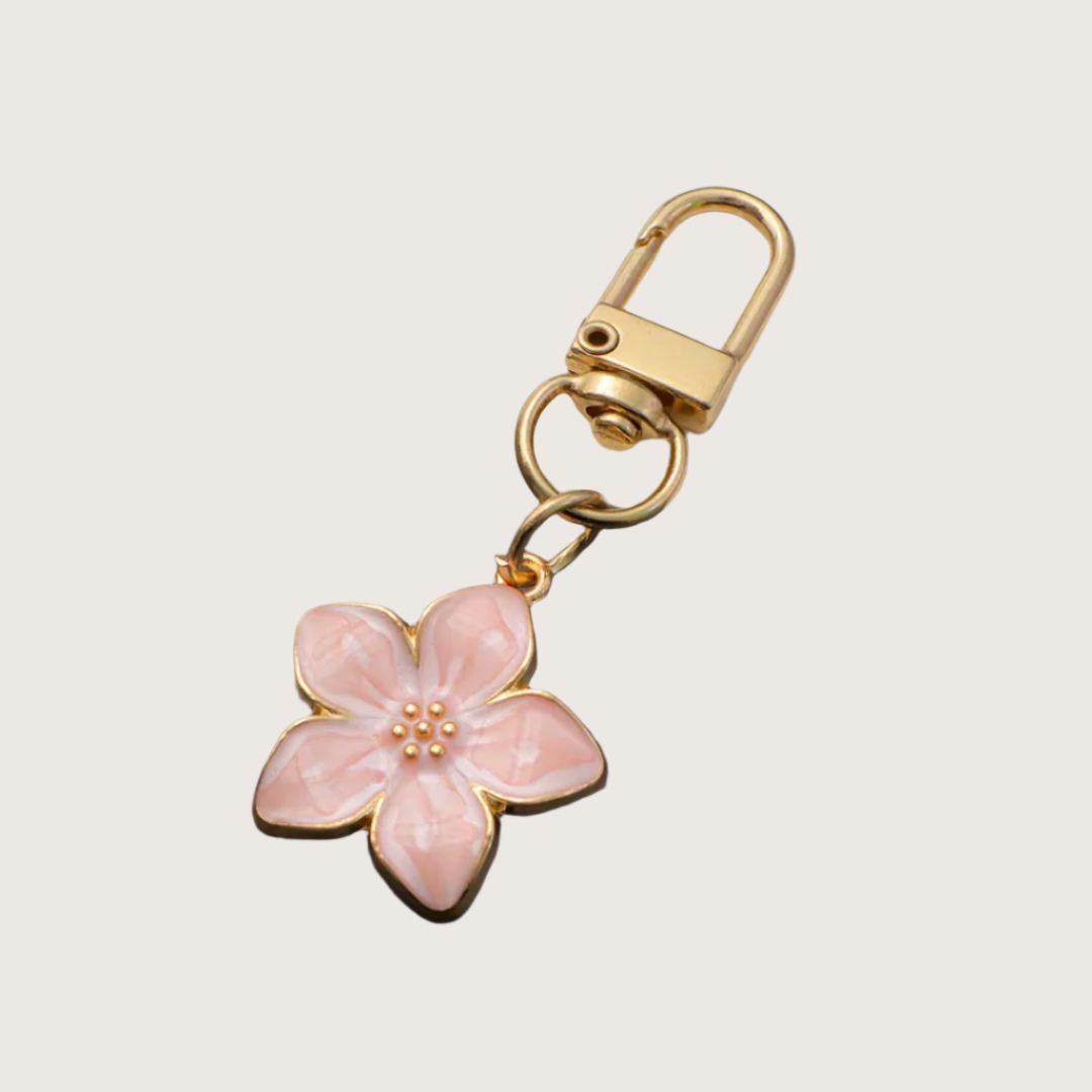 Pink Floral keychain or bag charm with gold accents.