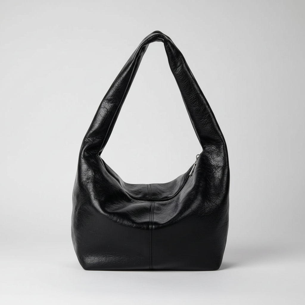 Black leather handbag on a white background