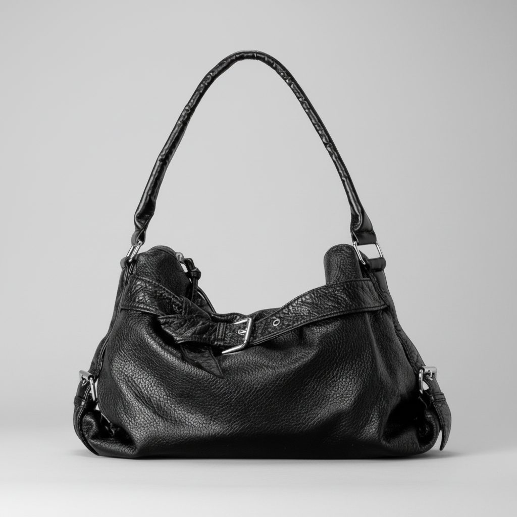 Black retro leather handbag on a white background