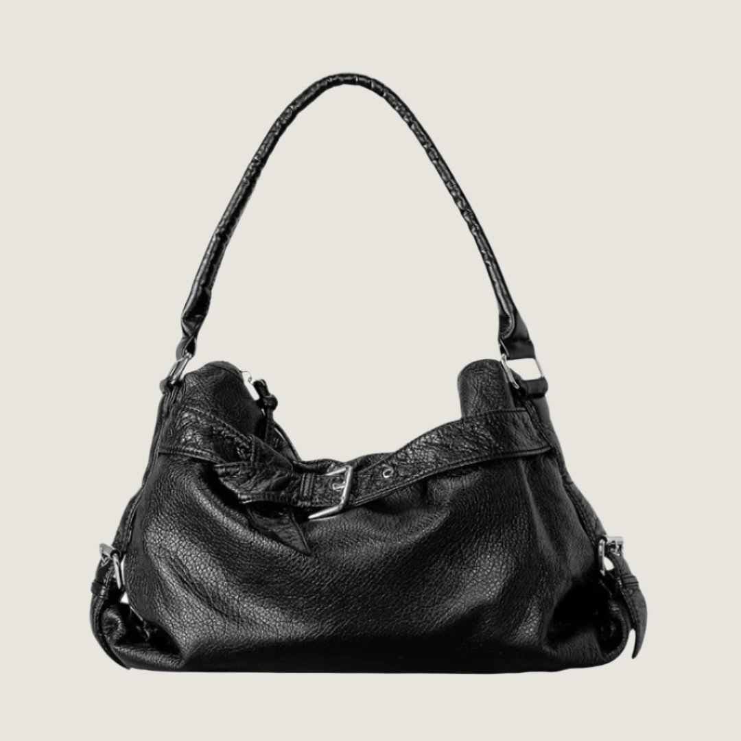 Black retro leather handbag on a white background