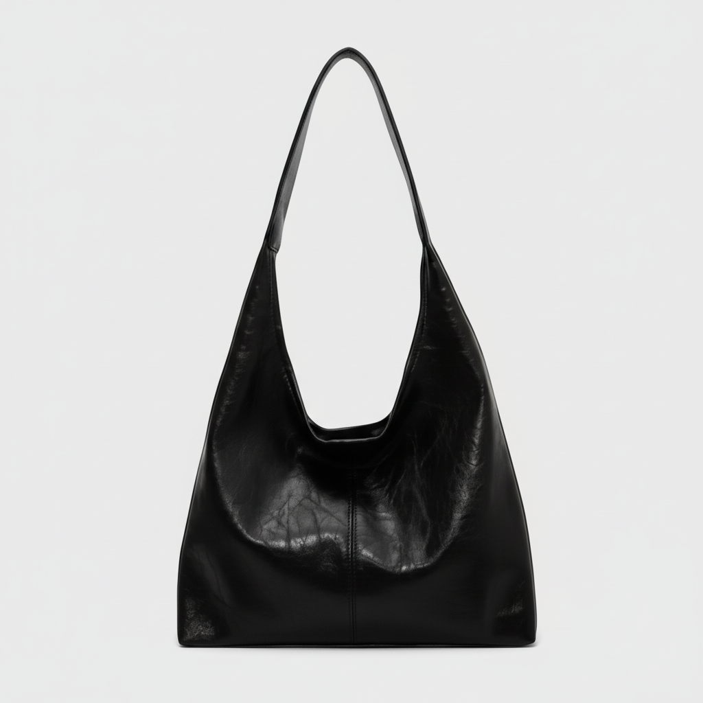 Black leather handbag on a white background