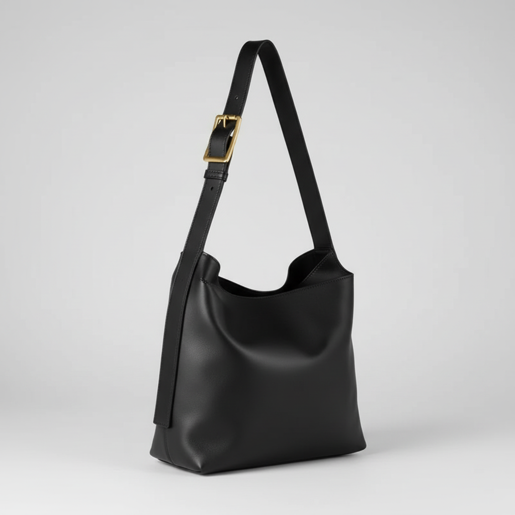 Black shoulder bag with a gold buckle on a white background