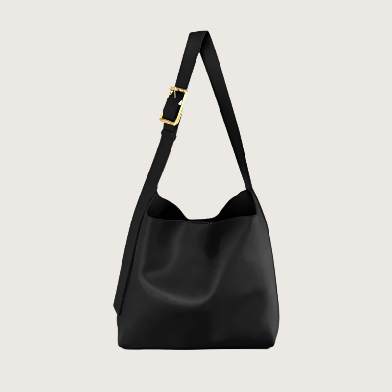 Black shoulder bag with a gold buckle on a white background